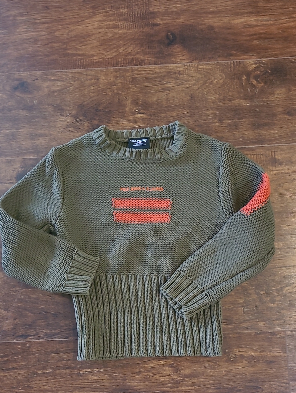 Polo Ralph Lauren Y2k VintageOlive Green Crewneck Sweater with Orange Accents M